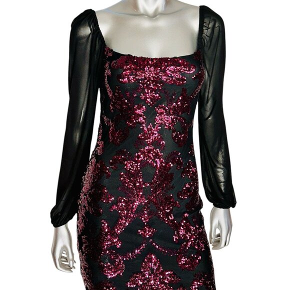 Jump Apparel Black Burgundy Damask Sequin Bodycon Mini Dress - Picture 6 of 11